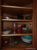 (KITCH) CONTENTS OF CABINET-CUTLERY BLOCK WITH KNIVES, GLASS SERVING TRAYS, SHOT GLASSES, ETC.