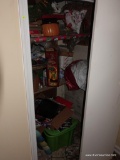 (BASE-RM-1) CLOSET CONTENTS- BOARD GAMES, CHRISTMAS DECORATIONS, TUB OF PORCELAIN CHRISTMAS FIGURES