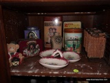 (BASE- STAIR RM) SHELF LOT- DECORATIVE ADVERTISING TINS (5), DIVIDED DISH, ETC..