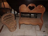 (BASE-STAIR RM) PINE DOLL BENCH WITH HEART SHAPE CUT OUTS AND WICKER CHAIR- BENCH-24