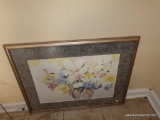 (BASE-STAIR- RM) FRAMED AND MATTED FLORAL WATERCOLOR PRINT IN GOLD FRAME- SIGNED AND