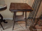 (BASE-STAIR-RM) ANTIQUE MAHOGANY TABLE WITH GLASS AND BRASS CLAW FEET- VERY GOOD CONDITION- 20