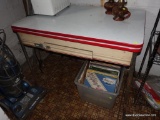 (STORAGE RM) VINTAGE PORCELAIN TOP KITCHEN TABLE, CHROME LEGS, PULL OUT LEAVES, (40'S-50'S)- 40