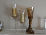 (LR) 3 DECORATIVE CANDLEHOLDERS-2 GLASS TWIST BASE WITH GOLD CANDLES (18