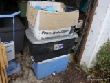 (GARAGE) RUBBERMAID COOLER, TUB FULL OF STUFFED ANIMALS, BOX WITH CONTENTS