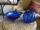 (SUNRM) 2 PCS OF COBALT GLASS- BUTTERFLY AND BERRY PATTERN FOOTED BOWL- 9