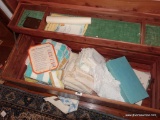 (BR) CONTENTS OF CEDAR CHEST- TOWELS, EMBROIDERED TABLE SCARF, BRUSH AND MIRROR DRESSER SET NEW IN