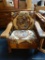 WOODEN FRAMED SPINNING WHEEL PRINTED ARMCHAIR