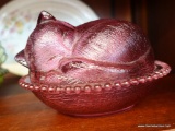 VINTAGE CRANBERRY KITTEN DISH WITH DOME LID