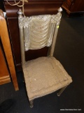 SILVER AND BURLAP VINTAGE SIDE CHAIR