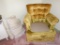 (LEFT BED) GOLD BUTTON TUFTED VELVET ARM CHAIR- MISSING SEAT CUSHION- 31