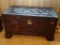 (LR) ANTIQUE CAMPHOR WOOD CARVED ORIENTAL BLANKET CHEST ( TOP NEEDS TO BE RE-ATTACHED) - 35