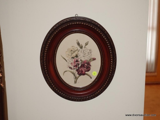 (LR) PR. OF OVAL FRAMED FLORAL PRINTS IN CHERRY FRAMES- 13"W X 15"H