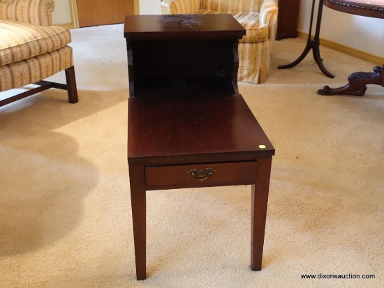 (LR) ONE OF A PR. SOLID MAHOGANY STEP END TABLES- 1 DRAWER DOVETAIL WITH MAPLE SECONDARY-EXCELLENT