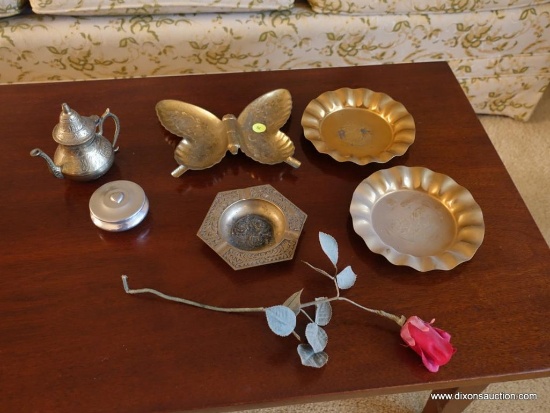 (LR) LOT OF BRASS AND PEWTER- 3 BRASS ASHTRAYS, SMALL BRASS MID EASTERN 4"H TEAPOT AND A PEWTER