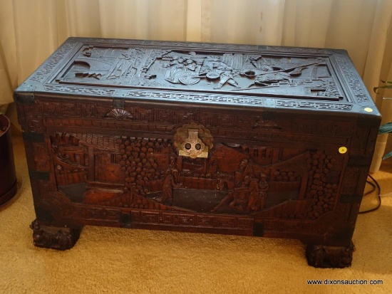 (LR) ANTIQUE CAMPHOR WOOD CARVED ORIENTAL BLANKET CHEST ( TOP NEEDS TO BE RE-ATTACHED) - 35"W X 18"L