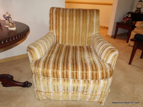 (LR) ONE OF A PAIR OF MID CENTURY VELVET STRIPED UPHOLSTERED ARM CHAIRS- VERY GOOD CONDITION- 34"W X