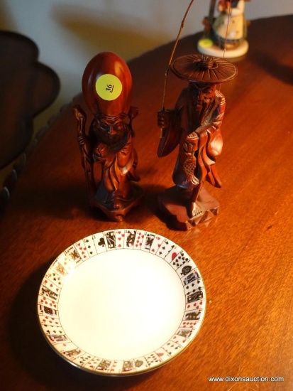 (LR) 2 WOOD CARVED ORIENTAL FIGURINES- PRIEST AND FISHERMAN- 6"H AND A QUEEN'S BONE CHINA SAUCER