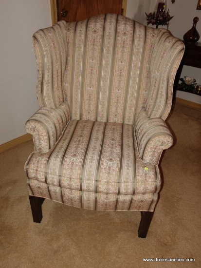 (LR) MAHOGANY HEPPLEWHITE WING CHAIR- TAG PURCHASED FROM VIRGINIA WAYSIDE FURNITURE ON BOTTOM-