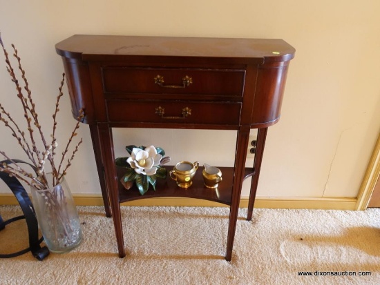 (LR) HEKMAN MAHOGANY 2 DRAWER SMALL SIZE HALL CONSOLE-2 DRAWERS DOVETAILED WITH OAK SECONDARY- LOWER