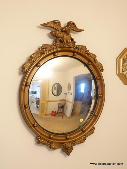 (DR) VINTAGE FEDERAL STYLE BULLSEYE MIRROR- GOLD WOODEN FRAME WITH EAGLE TOP-21"W 30"H