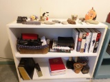 (OFFICE) CONTENTS ON ALL SHELVES- MINIATURE METAL CASH REGISTER AND LIBERTY BELL, OLYMPUS INSTAMATIC