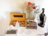(LEFT BED) CONTENTS ON TOP OF END TABLE- BOX OF MEN'S CUFF LINKS AND TIE PINS, BOW TIE IN BOX, 2