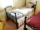 (LEFT BED) ONE OF A PAIR OF SOLID MAHOGANY ACORN POST TWIN BEDS- WOODEN RAILS ( DOES NOT INCLUDE BOX