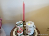 (RIGHT BED) ITEMS ON TOP OF TABLE- LEFTON CHINA ROSE VASE, PORCELAIN SUGAR CONTAINER WITH SPOON AND