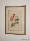 (RIGHT BED) FRAMED AND MATTED FLORAL PRINT- IN GOLD FRAME- 20.5