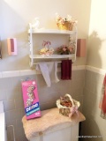 ( BATH) ALL CONTENTS OF BATHROOM- GE MAKEUP MIRROR, VINTAGE METAL SHELF WITH TOWEL BAR, ALL THE