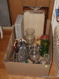 (UP BED) BOX LOT- INCLUDES SILVER-PLATE, VASES, MUSIC BOX ( BROKEN) 2 WOODEN TRAYS, ETC.