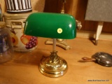 (UP BED) BRASS AND GREEN SLAG GLASS DESK LAMP-15