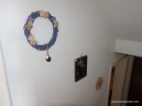 (DOWN HALL) 3 DECORATIVE HANGING WALL ITEMS- PAINTED SLATE CHALK BOARD, WREATH AND A FRAMED