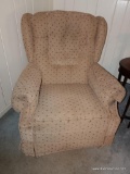 (DEN) LAZY BOY RECLINER- BEIGE UPHOLSTERY SHOWS WEAR ON LEFT ARM- 35