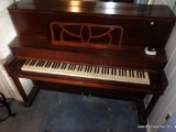 (DEN) VINTAGE MAHOGANY UPRIGHT PIANO- NO MAKERS NAME- MIRRORED TOP- SOUNDS GREAT- NO STICKY KEYS-