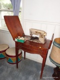 (DEN) VINTAGE MAHOGANY SEWING MACHINE CABINET WITH SINGER ELECTRIC SEWING MACHINE- 27