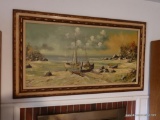 (DEN) FRAMED OIL ON CANVAS OF SEASCAPE WITH FISHING BOATS- IN GOLD FRAME- 57