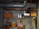 (UTILITY RM) CONTENTS OF WALL SHELVES- BASKET WITH MEN'S HATS AND WORK GLOVES, CONTAINER WITH