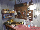 (UTILITY RM) CONTENTS ON PEG BOARD AND 2 SMALL SHELVES ON WALL- SAWS, TIN SNIPS, SCREW DRIVERS, JARS