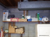 (UTILITY RM) CONTENTS OF SHELVES ABOVE DRYER AND 2 FLAGS- SIZE 13 MEN'S LEATHER SHOES, 1 GAL.