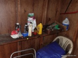 (SHED CONTENTS OF SHELF- BAG OF GRASS SEED, LAWN PRODUCTS, TRAY WITH HEDGE TRIMMER, AND OTHER HAND