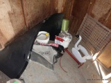 (SHED) CONTENTS IN CORNER- WOODEN SWAN PLANTER, 4- 5 GAL. BUCKETS, 2 SHEETS OF PLASTIC FOR SNOW