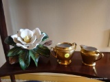 (LR) SHELF LOT- CORBIN'S CABIN CERAMIC MAGNOLIA FLOWER AND PICKARD GOLD CREAM AND SUGAR (NO LID)