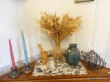 (KIT) CONTENTS ON TOP OF TABLE- INCLUDE ART POTTERY VASE, PR. BRONZE TONED CANDLEHOLDERS, CAT SALT