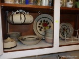 (KIT) 2 SHELF LOT TO INCLUDE- 36 PCS. OF STRAWBERRY PATTERN STONE WARE- MISSING DINNER PLATES- SOME