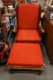 RED UPHOLSTERED CHAIR/OTTOMAN