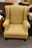 YELLOW PATTERNED QUEEN ANNE WINGBACK CHAIR