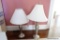 (PINK) 2 LAMPS; LOT OF 2 LAMPS. BOTH ARE SILVER TONED AND HAVE SHADES. 1 HAS A FINIAL: 33 IN TALL. 1