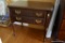 (BBR) ETHAN ALLEN 2 DRAWER SIDE TABLE; ANGLED CORNERS ON TOP SURFACE, BRASS BATWING PULLS ON THE